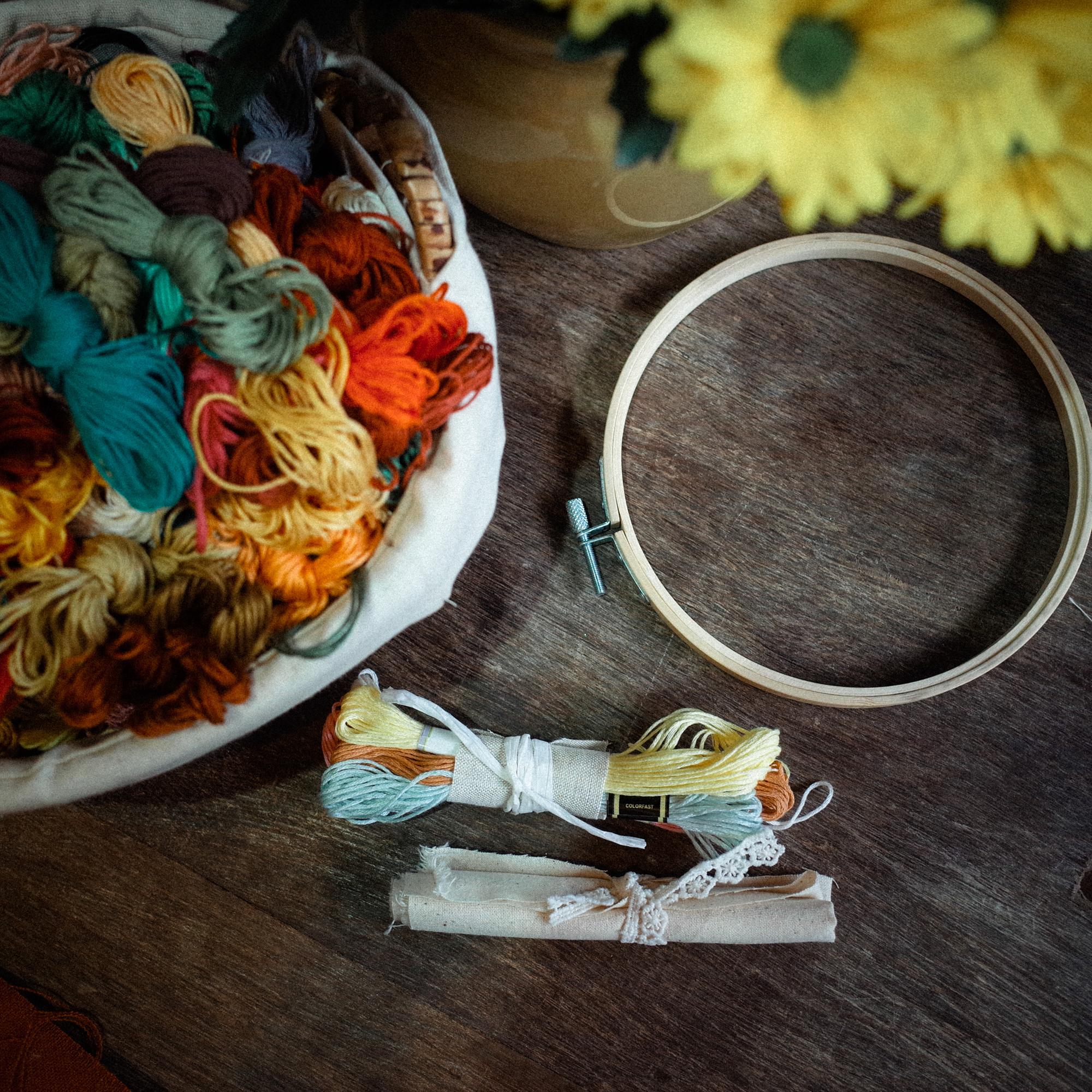 Workspace with embroidered samples and threads